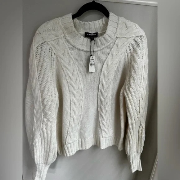 NEW Express Women's Sweater Puff Sleeve White Knit Size M NWT - Picture 1 of 6